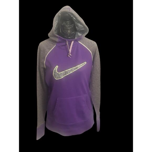 Women's Medium Nike Therma-Fit Hoodie Purple Grey With Swoosh, Thumb Holes‎ - Picture 1 of 7